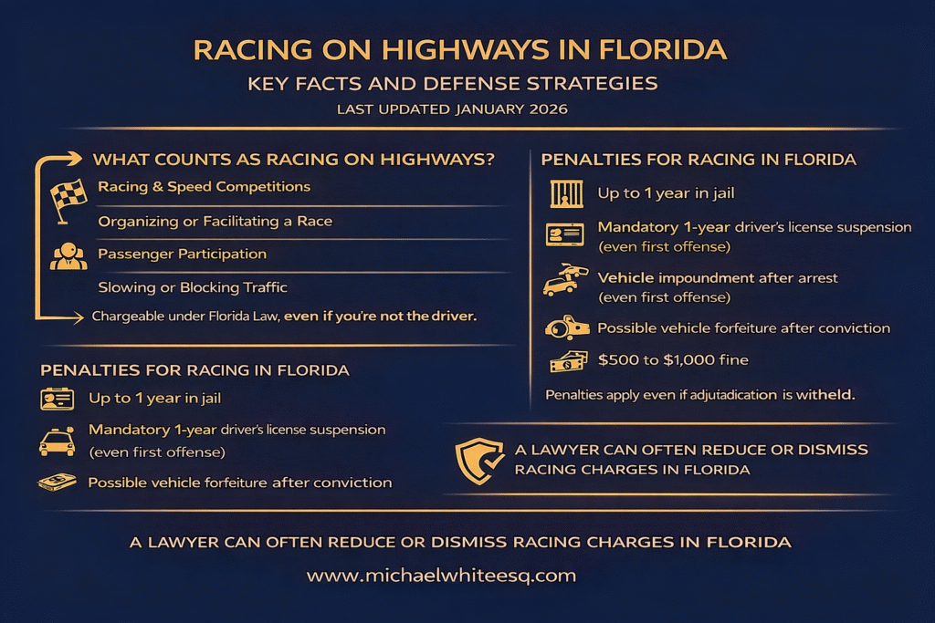 Infographic outlining racing on highways charges, penalties, and defenses in Florida.