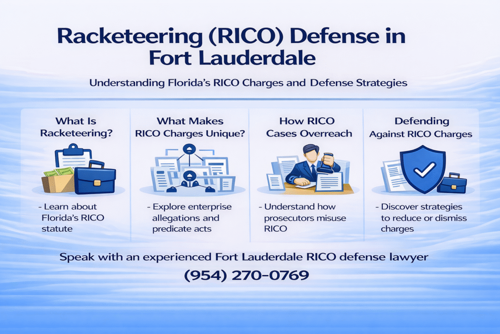 Racketeering (RICO) defense graphic highlighting Florida's RICO charges, featuring sections on understanding racketeering, unique aspects of RICO charges, prosecutor overreach, and defense strategies, with a call to action for legal consultation.