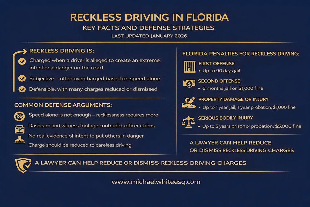 Infographic summarizing reckless driving charges, defenses, and penalties in Florida.