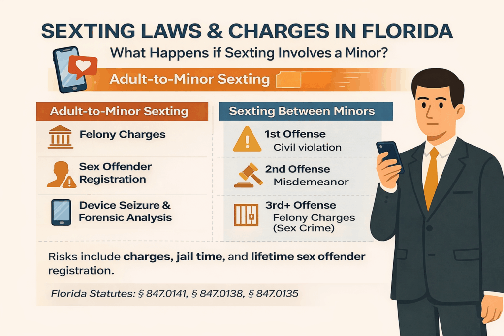 Sexting laws and charges in Florida infographic detailing adult-to-minor sexting consequences, including felony charges, sex offender registration, and device seizure; features a man holding a smartphone.