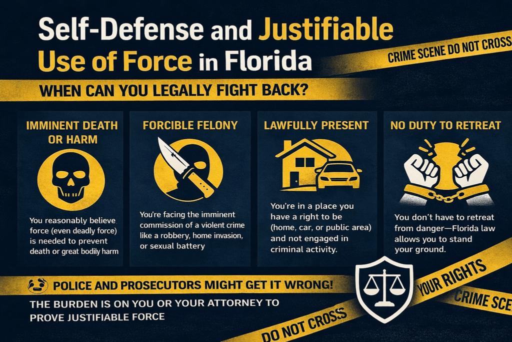 Horizontal infographic explaining Florida self-defense and justifiable use of force laws, showing when deadly force is legally allowed, including imminent harm, forcible felonies, lawful presence, and no duty to retreat.