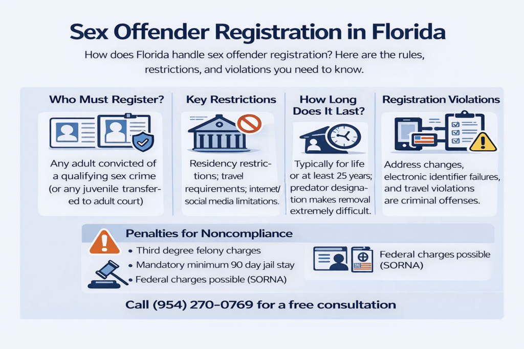 Infographic outlining Florida sex offender registration requirements, showing who is required to register, reporting and residency restrictions, how long registration lasts, and criminal penalties for registration violations.