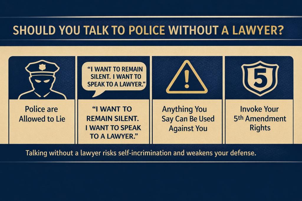 Should you talk to police without a lawyer? Infographic highlighting risks: police can lie, importance of remaining silent, and invoking 5th Amendment rights.