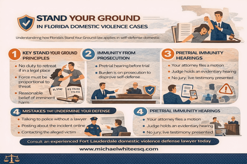 Horizontal infographic titled “Stand Your Ground in Florida Domestic Violence Cases,” explaining key self-defense principles, immunity from prosecution, how pretrial immunity hearings work, common mistakes that undermine a Stand Your Ground defense, and when charges may be dismissed before trial.