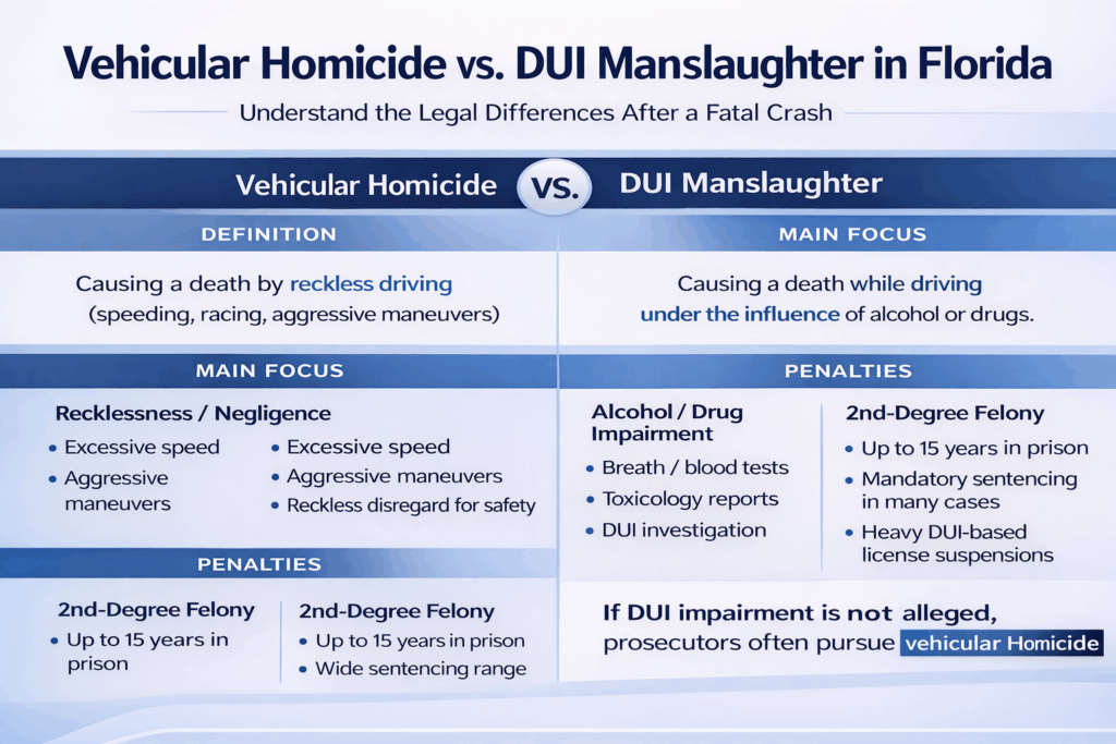 Infographic comparing vehicular homicide and DUI manslaughter in Florida, outlining definitions, main focuses, and penalties for each charge.