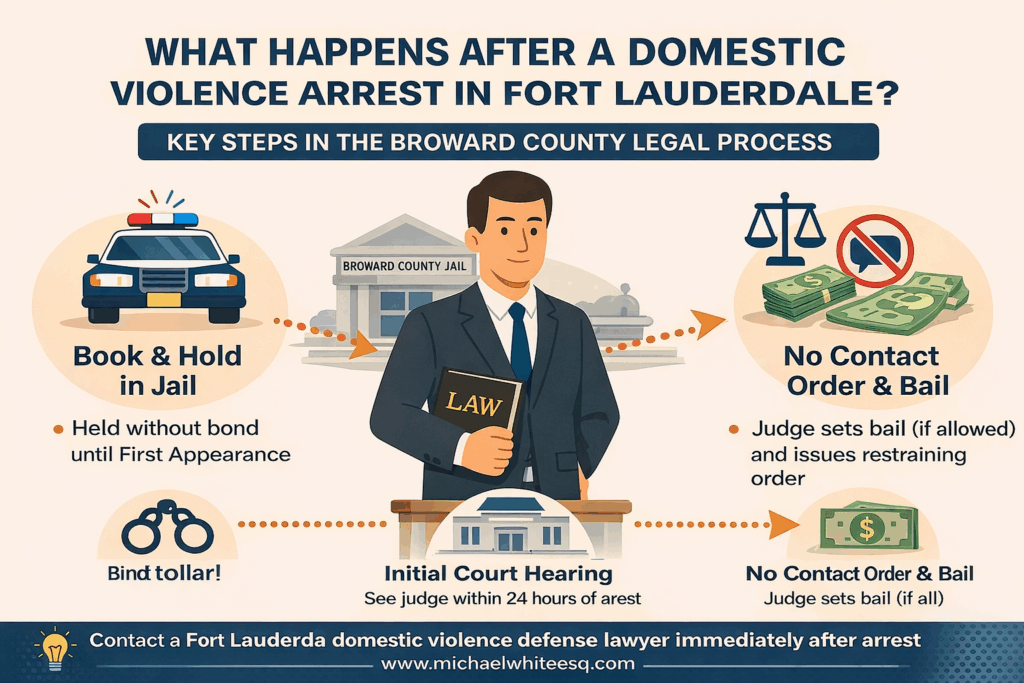 Infographic detailing the legal process following a domestic violence arrest in Fort Lauderdale, featuring steps such as booking in jail, initial court hearing, and potential no-contact orders and bail, with visuals of police car, courthouse, and legal scales.