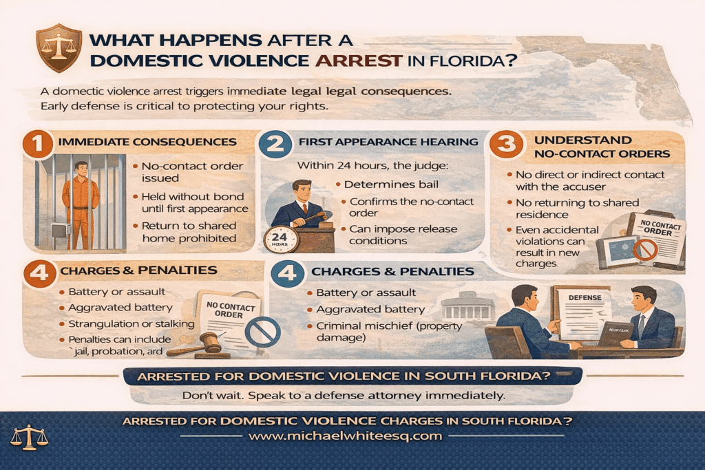 Horizontal infographic titled “What Happens After a Domestic Violence Arrest in Florida,” illustrating the immediate consequences of arrest, the first appearance hearing within 24 hours, issuance of no-contact orders, possible charges and penalties, and why early legal action is critical to protecting your rights.