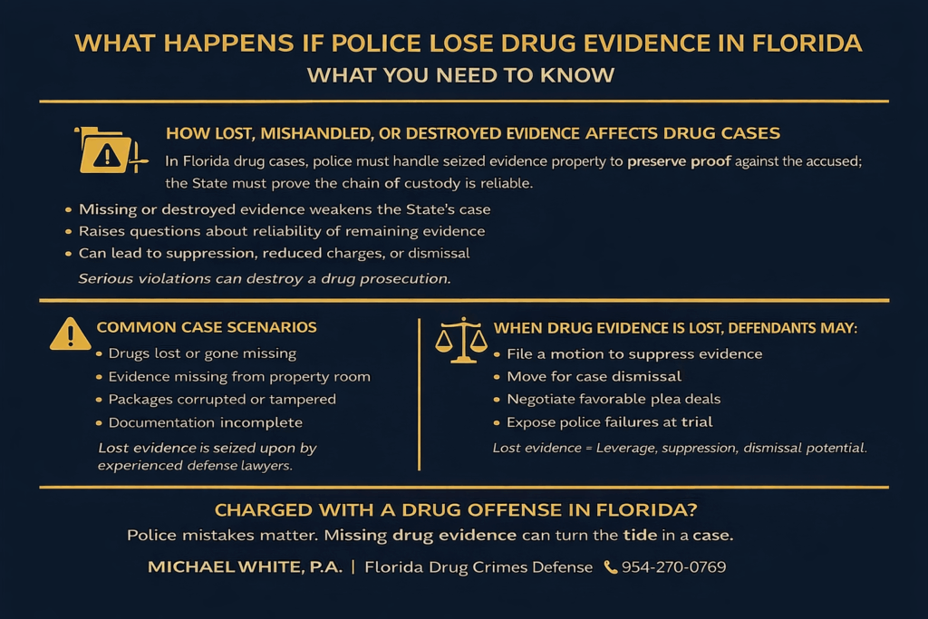 Infographic detailing consequences of lost drug evidence in Florida, highlighting legal implications, common scenarios, and defense strategies for drug offenses.