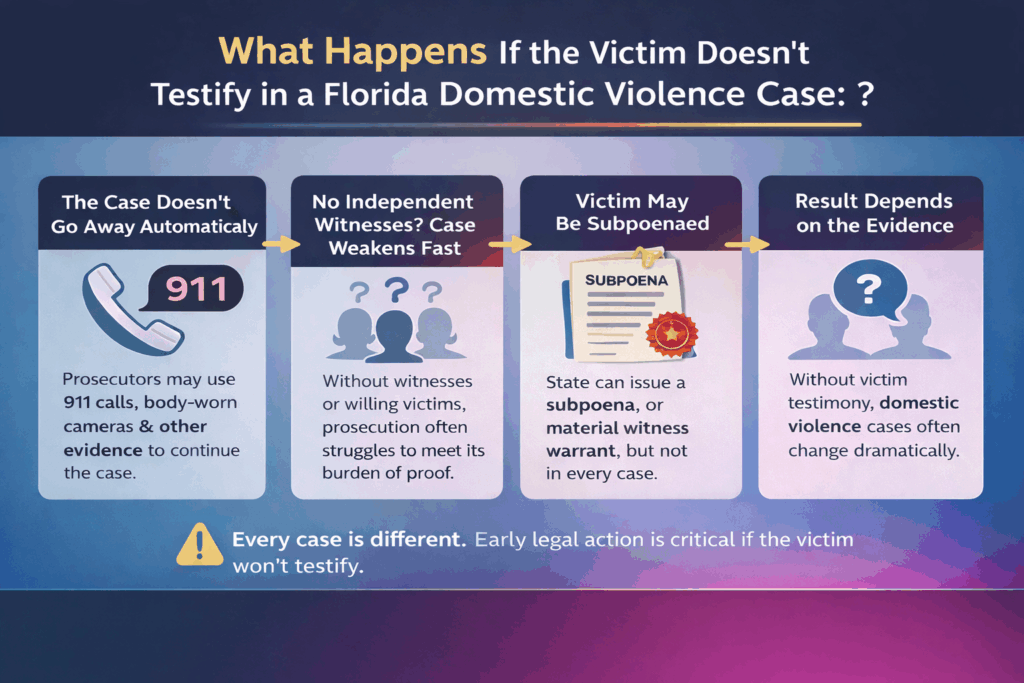What happens if the victim doesn't testify in a Florida domestic violence case infographic, detailing case continuity, witness importance, subpoena issuance, and evidence reliance.