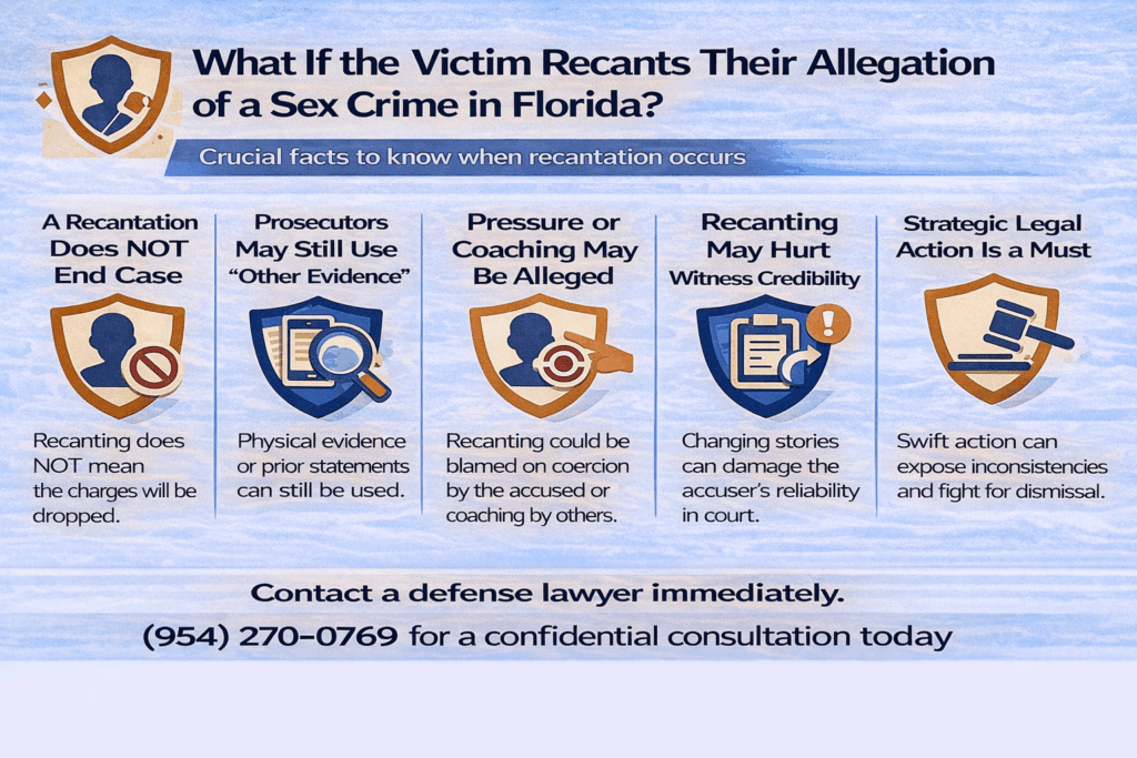 Infographic outlining key facts about sex crime cases in Florida when a victim recants, showing how recantation affects prosecution, credibility, and defense strategy.