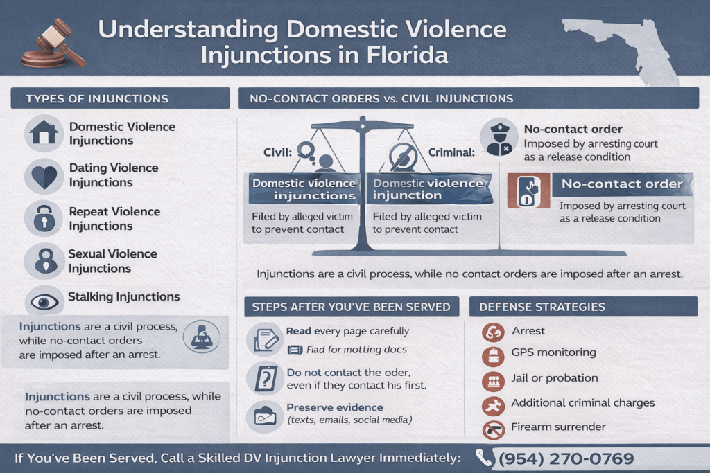 Horizontal infographic explaining domestic violence injunctions in Florida, including types of injunctions, the difference between civil injunctions and criminal no-contact orders, steps to take after being served, common defense strategies, and the criminal consequences of violations.