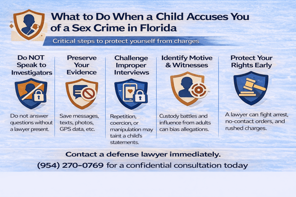 Infographic explaining steps to take when a child accuses you of a sex crime in Florida, showing how early legal intervention, evidence preservation, and defense strategy can protect your rights.