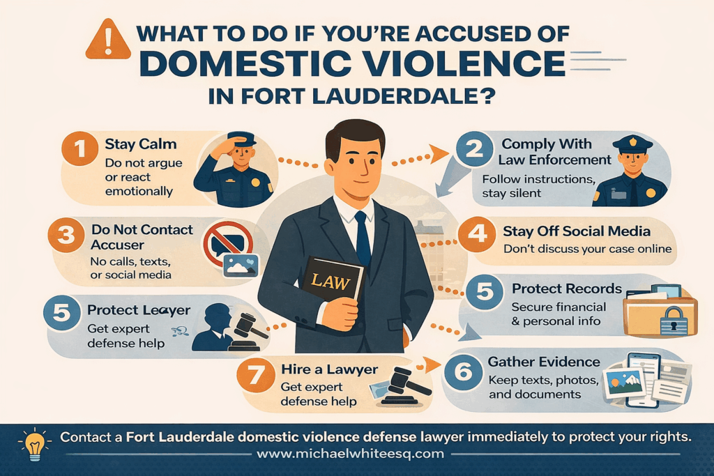 orizontal infographic titled “What to Do If You’re Accused of Domestic Violence in Fort Lauderdale,” illustrating seven steps including staying calm, complying with law enforcement, avoiding contact with the accuser, staying off social media, protecting records, gathering evidence, and hiring a domestic violence defense lawyer.
