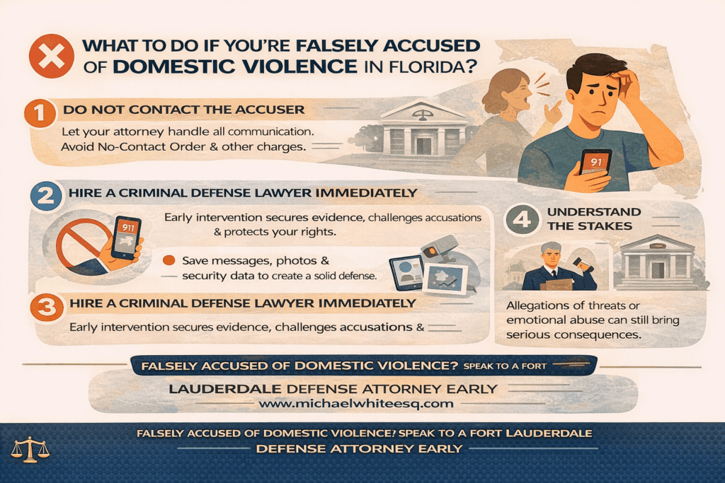 What to do if falsely accused of domestic violence in Florida, featuring steps to take, including hiring a criminal defense lawyer and understanding legal implications.
