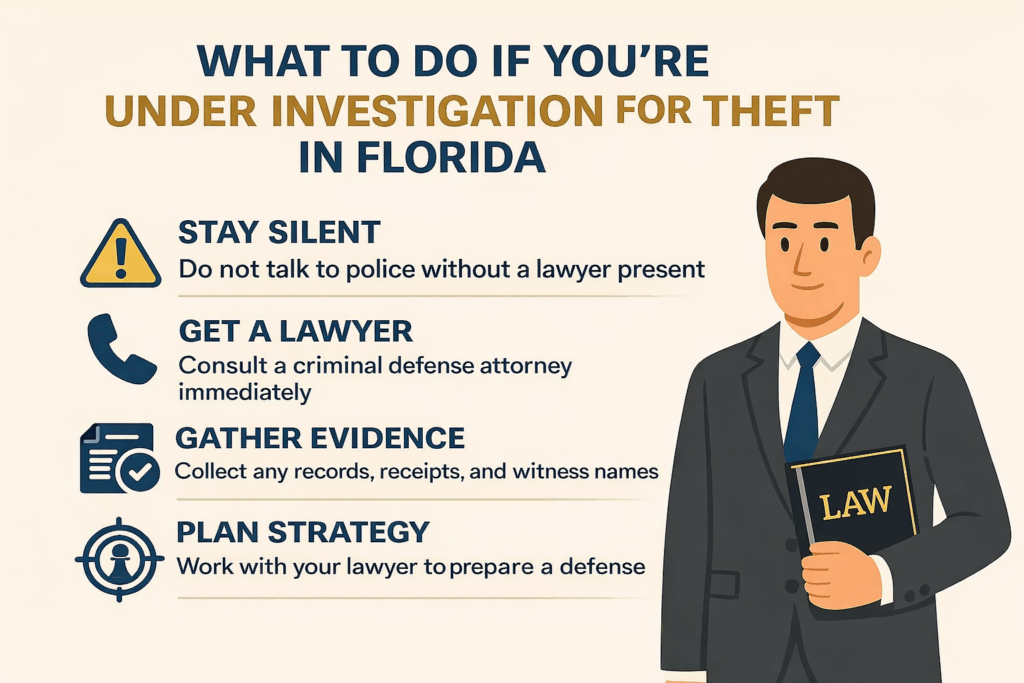 Infographic explaining what to do if you’re under investigation for theft in Florida, highlighting staying silent, hiring a defense lawyer, preserving evidence, and preparing a legal strategy.