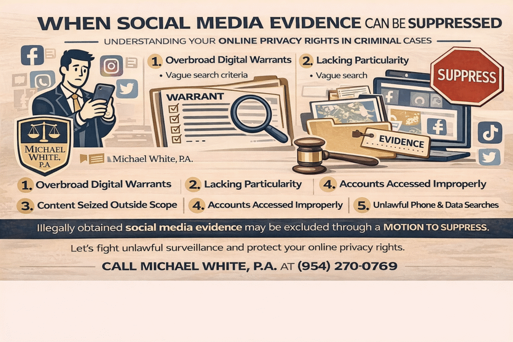 Illustration depicting social media evidence suppression in criminal cases, featuring a man holding a smartphone, legal scales, and a list of five points about digital warrants and privacy rights, branded with Michael White, P.A. logo.