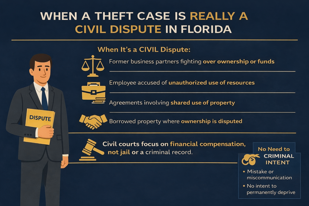 Infographic titled "When a Theft Case is Really a Civil Dispute in Florida," featuring a businessman holding a folder labeled "DISPUTE," with icons representing legal scales, a briefcase, and a gavel, illustrating scenarios of civil disputes like ownership conflicts and unauthorized resource use, emphasizing the focus on financial compensation rather than criminal intent.
