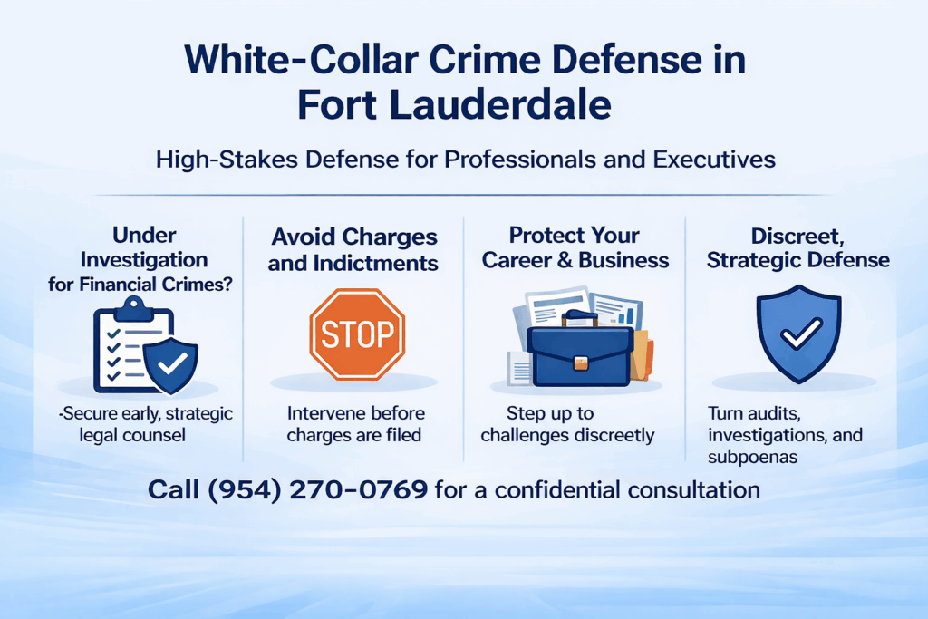 White-collar crime defense infographic outlining investigation response, charge prevention, career protection, and strategic legal defense in Fort Lauderdale.