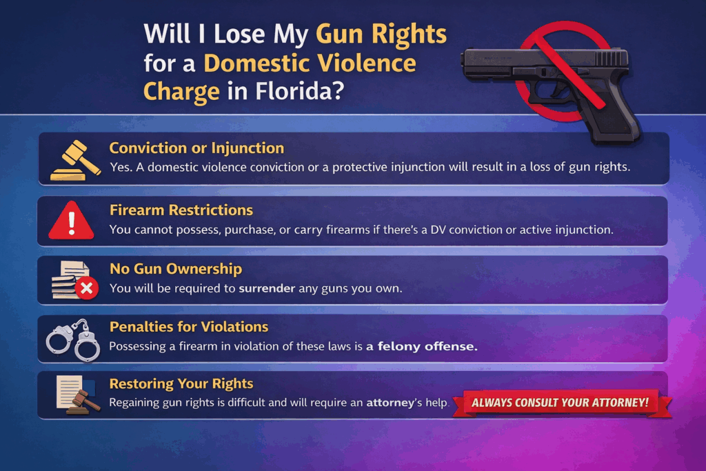 Horizontal infographic explaining whether a domestic violence charge in Florida causes loss of gun rights, showing firearm restrictions after convictions or injunctions, mandatory surrender of guns, felony penalties for violations, and the difficulty of restoring firearm rights.