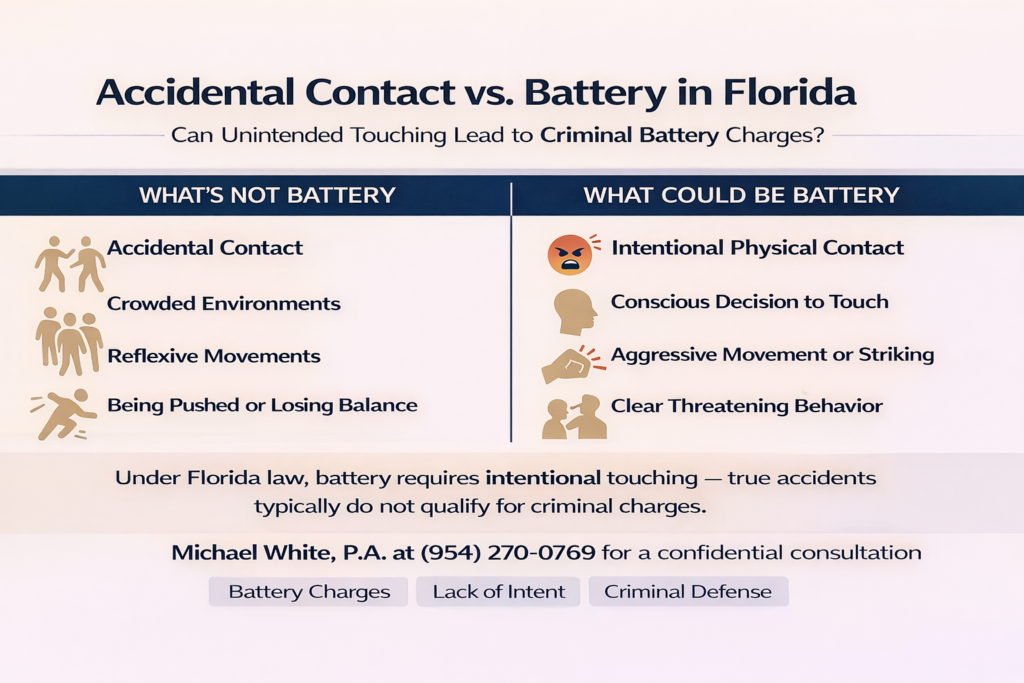 Horizontal infographic titled “Accidental Contact vs. Battery in Florida” explaining that battery requires intentional physical contact, and contrasting accidental contact in crowded or reflexive situations with deliberate aggressive touching.