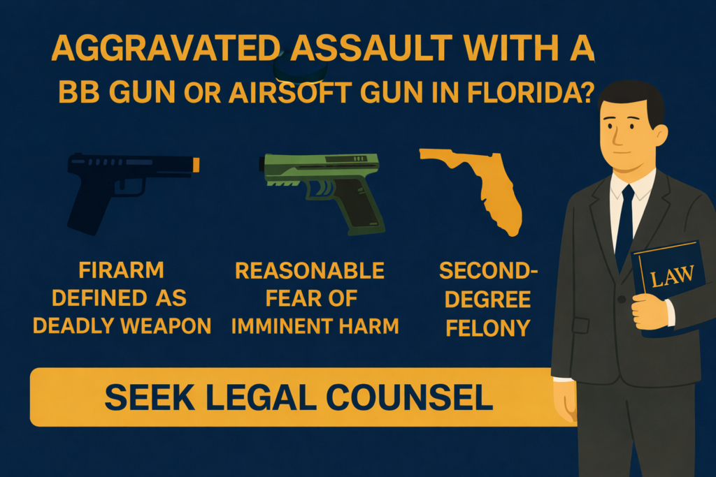 Horizontal infographic explaining aggravated assault with a BB gun or airsoft gun in Florida, including how non-traditional firearms can be treated as deadly weapons, the role of reasonable fear of imminent harm, and potential second-degree felony charges.