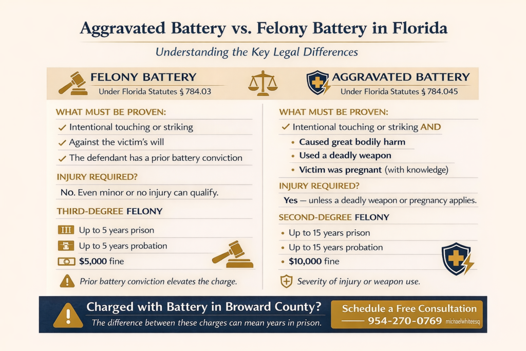 Infographic titled “Aggravated Battery vs. Felony Battery in Florida” comparing elements under Florida Statutes § 784.03 and § 784.045, outlining required proof, injury requirements, felony degree, and maximum penalties in a side-by-side layout with gold and navy design elements and a Broward County consultation call-to-action at the bottom.