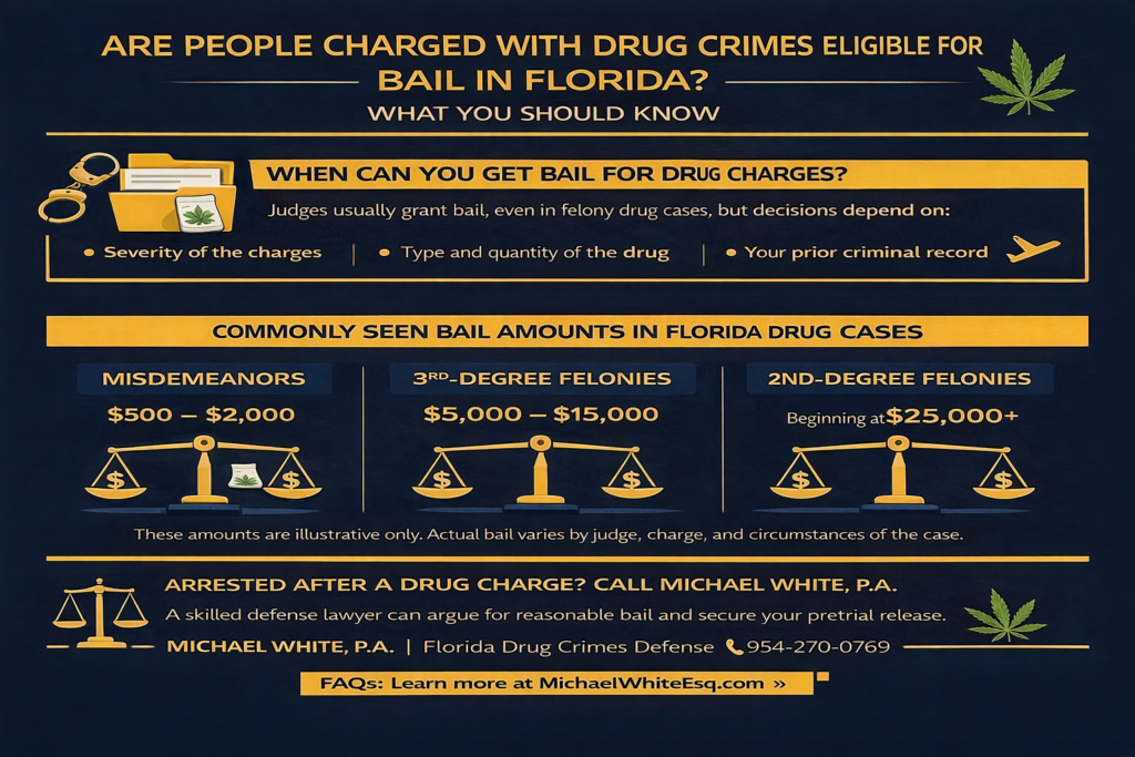 Horizontal infographic explaining bail eligibility for drug crimes in Florida, showing factors judges consider, typical bail ranges for misdemeanor and felony charges, and when bail may be denied.