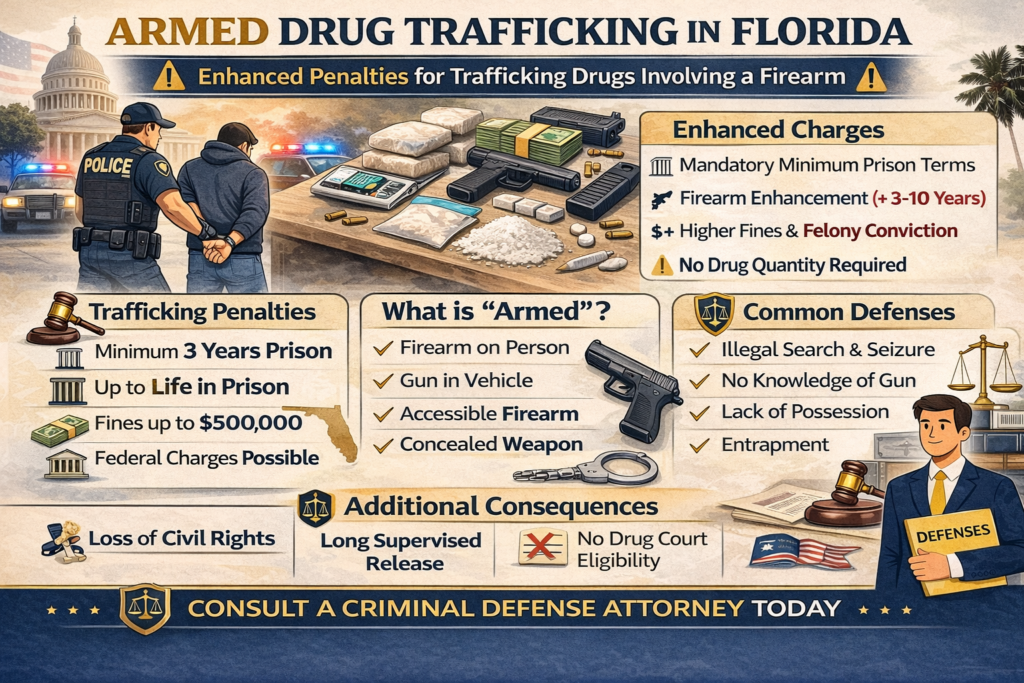 Horizontal comic-style infographic titled “Armed Drug Trafficking in Florida” showing a police arrest scene, drugs and a firearm on a table, and sections outlining enhanced felony penalties, mandatory minimum prison terms, firearm enhancements, common defenses such as illegal search and lack of knowledge, and collateral consequences including loss of civil rights.