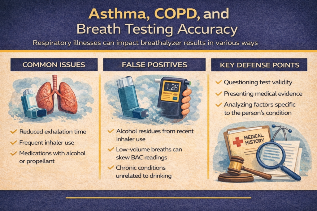 Asthma, COPD, and breath testing accuracy infographic highlighting common issues, false positives, and key defense points in DUI cases related to respiratory conditions.