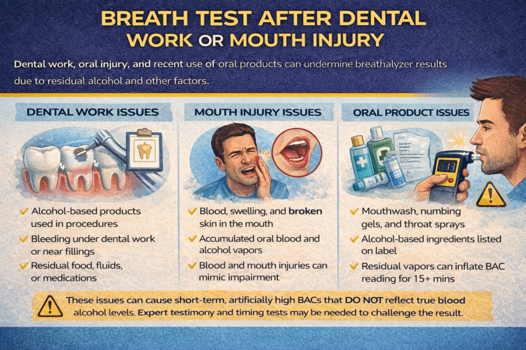 Breath test infographic illustrating dental work, mouth injury, and oral product issues affecting breathalyzer accuracy, emphasizing residual alcohol effects and legal implications for DUI cases in Florida.