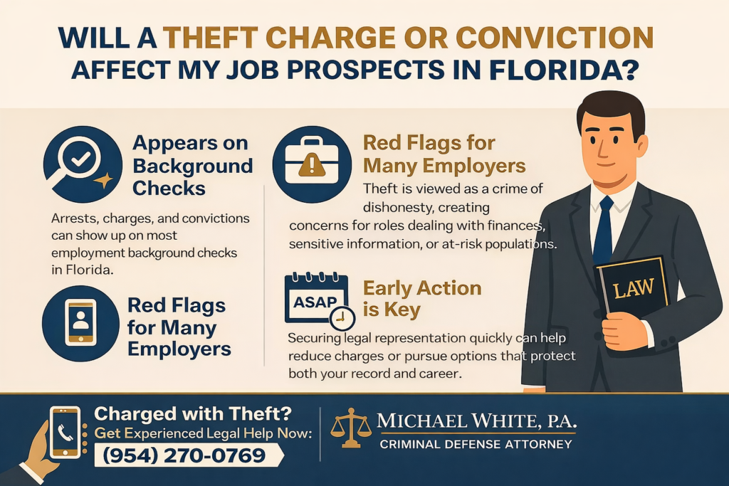 Infographic titled "Will a Theft Charge or Conviction Affect My Job Prospects in Florida?" featuring a professional man in a suit holding a law book, and sections on background checks, employer concerns, and the importance of early legal action, with contact information for Michael White, criminal defense attorney.