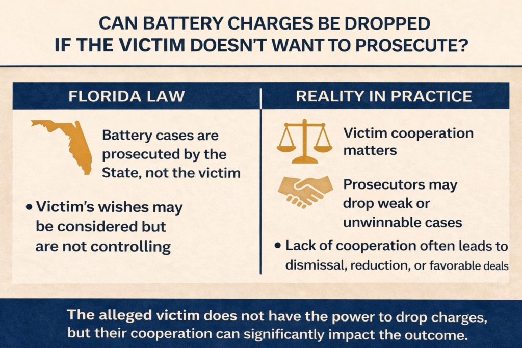 Horizontal infographic explaining that in Florida, battery charges are prosecuted by the State, not the victim, and showing how lack of victim cooperation can still influence dismissal, reduction, or plea outcomes.