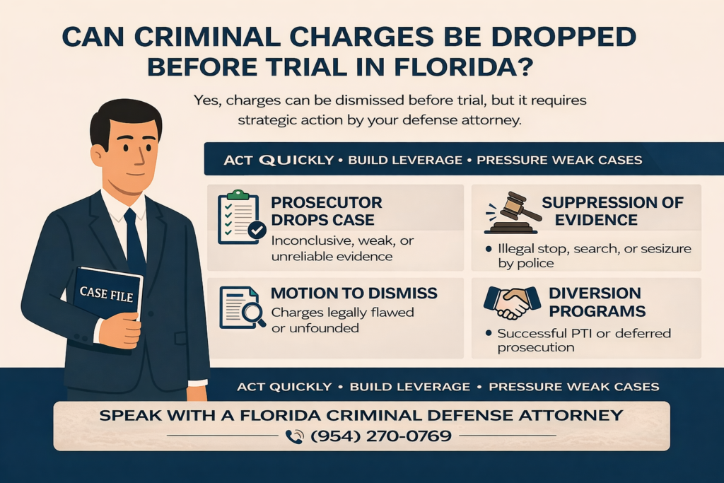 Horizontal infographic titled “Can Criminal Charges Be Dropped Before Trial in Florida?” outlining key ways charges may be dismissed before trial, including insufficient evidence, motions to dismiss, suppression of evidence, and successful completion of diversion programs, with a call to speak with a Florida criminal defense attorney.