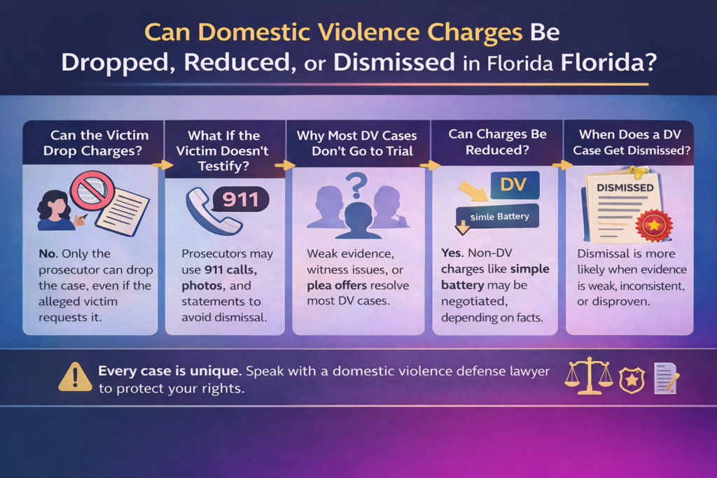 Infographic titled “Can Domestic Violence Charges Be Dropped, Reduced, or Dismissed in Florida?” explaining that only prosecutors can drop charges, cases may proceed without victim testimony using 911 calls and evidence, most cases resolve without trial, charges may be reduced to lesser offenses, and dismissal depends on the strength of the evidence.