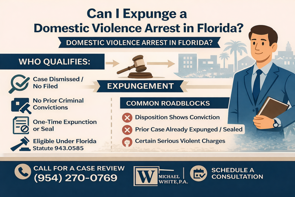 Infographic titled “Can I Expunge a Domestic Violence Arrest in Florida?” outlining eligibility requirements such as case dismissed or no-filed, no prior convictions, and one-time expunction limits, along with common roadblocks like prior convictions and disqualifying violent charges, and including contact information for a Fort Lauderdale criminal defense attorney.