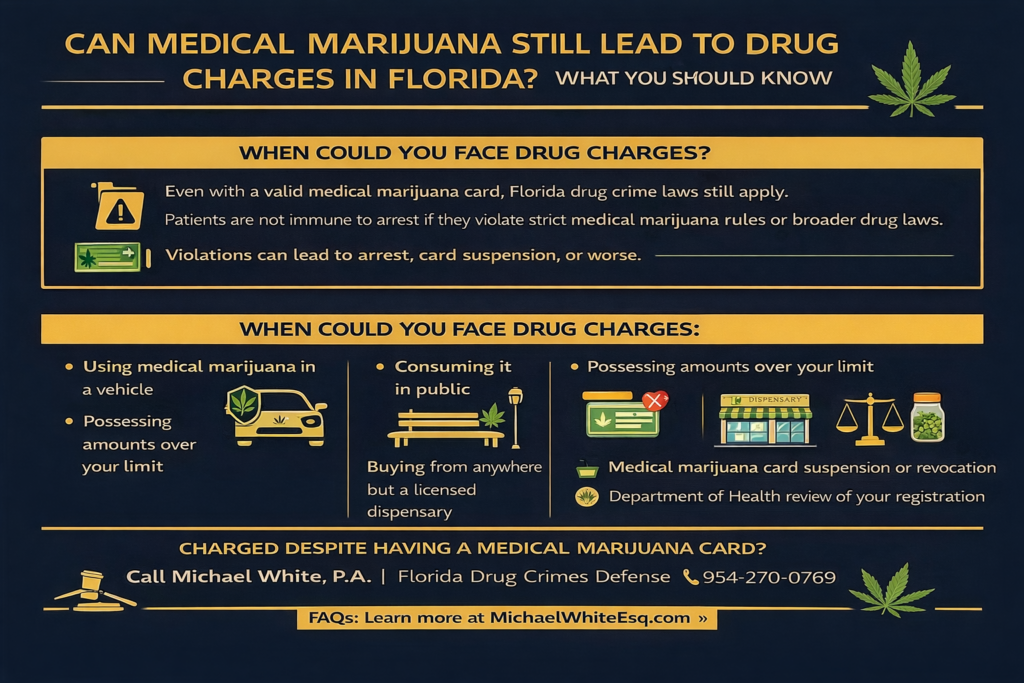 Horizontal infographic explaining when medical marijuana can still lead to drug charges in Florida, including violations such as using marijuana in a vehicle or public place, exceeding legal limits, buying outside licensed dispensaries, and possible card suspension or arrest.