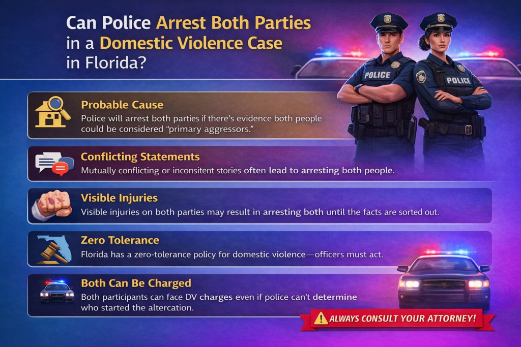 Horizontal infographic explaining whether police can arrest both parties in a Florida domestic violence case, outlining probable cause standards, conflicting statements, visible injuries, Florida&rsquo;s zero-tolerance policy, and the possibility that both individuals may face charges.