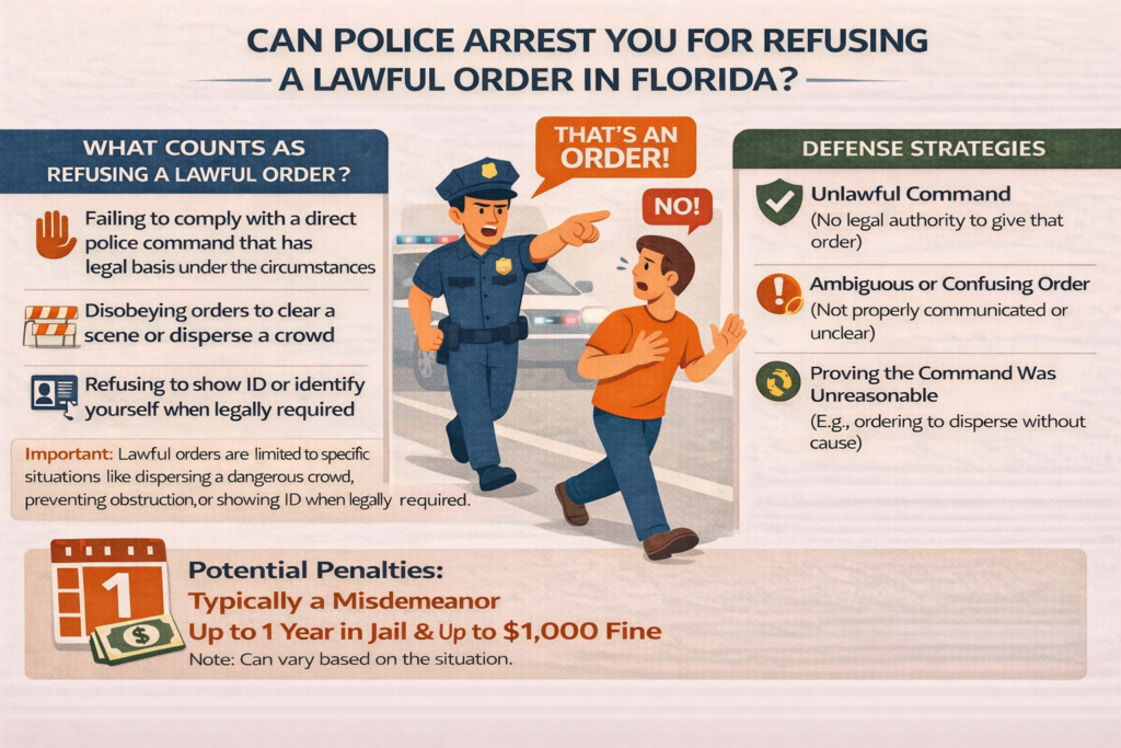 Infographic titled “Can Police Arrest You for Refusing a Lawful Order in Florida?” showing an officer pointing and issuing a command while a man reacts, with sections explaining what counts as refusing a lawful order, defense strategies such as unlawful or unclear commands, and potential misdemeanor penalties of up to 1 year in jail and a $1,000 fine.