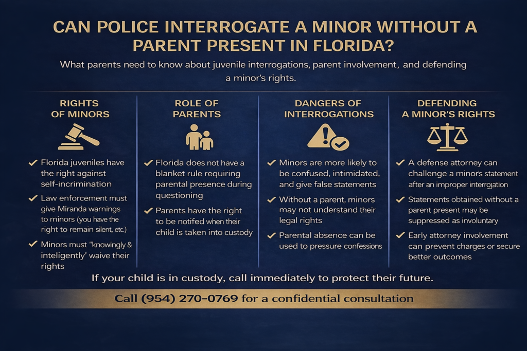 Infographic explaining whether police can question a minor without a parent in Florida and outlining juvenile rights and legal protections.