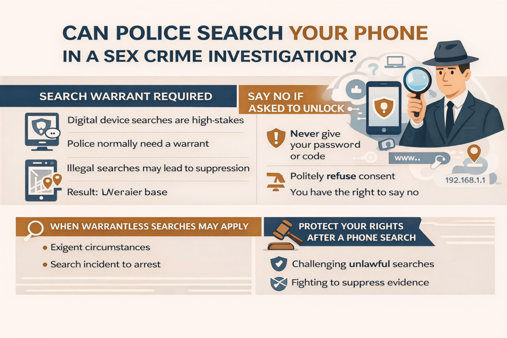 Horizontal infographic titled “Can Police Search Your Phone in a Sex Crime Investigation?” divided into sections explaining when a search warrant is required, advising individuals not to consent to unlocking their phone, outlining limited exceptions to the warrant requirement such as exigent circumstances, and highlighting the possibility of suppressing illegally obtained digital evidence. The design features icons of a smartphone, magnifying glass, judge’s gavel, and warning symbols to emphasize legal rights and Fourth Amendment protections in Florida sex crime investigations.