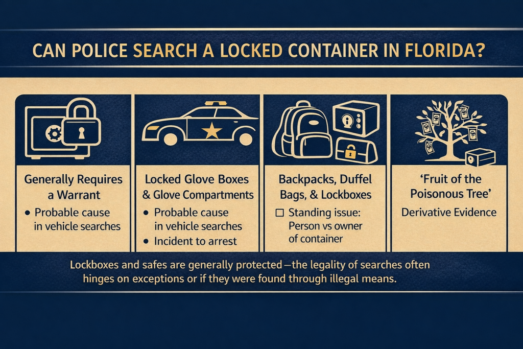 “Horizontal infographic explaining Florida law on searches of locked containers, including warrant requirements, vehicle search limits, and suppression of illegally obtained evidence.”