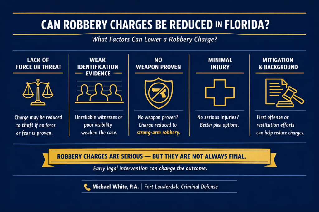 Horizontal dark blue and gold legal infographic titled “Can Robbery Charges Be Reduced in Florida?” with the subtitle “What Factors Can Lower a Robbery Charge?” The graphic lists five columns with gold icons: lack of force or threat (may reduce to theft), weak identification evidence, no weapon proven (may reduce from armed robbery), minimal injury, and mitigation or first-time offender background. A gold banner at the bottom states that robbery charges are serious but not always final, followed by Michael White, P.A., Fort Lauderdale Criminal Defense.