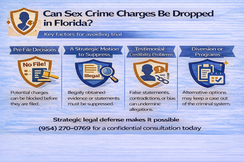 Infographic outlining key factors that can lead to sex crime charges being dropped in Florida, including no-file decisions, suppression of evidence, credibility problems, and diversion options.