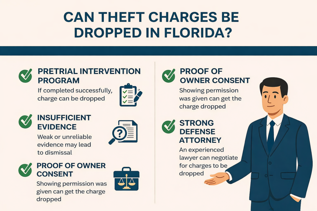 Florida theft defense infographic showing ways theft charges may be dropped, such as lack of evidence, owner consent, pretrial diversion, and effective criminal defense representation.