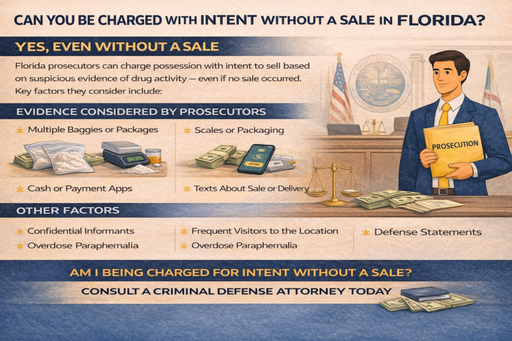 Horizontal comic-style infographic titled “Can You Be Charged With Intent Without a Sale in Florida?” explaining that prosecutors can charge possession with intent based on evidence such as multiple baggies, digital scales, cash, payment apps, and text messages about sales, even if no actual sale occurred.