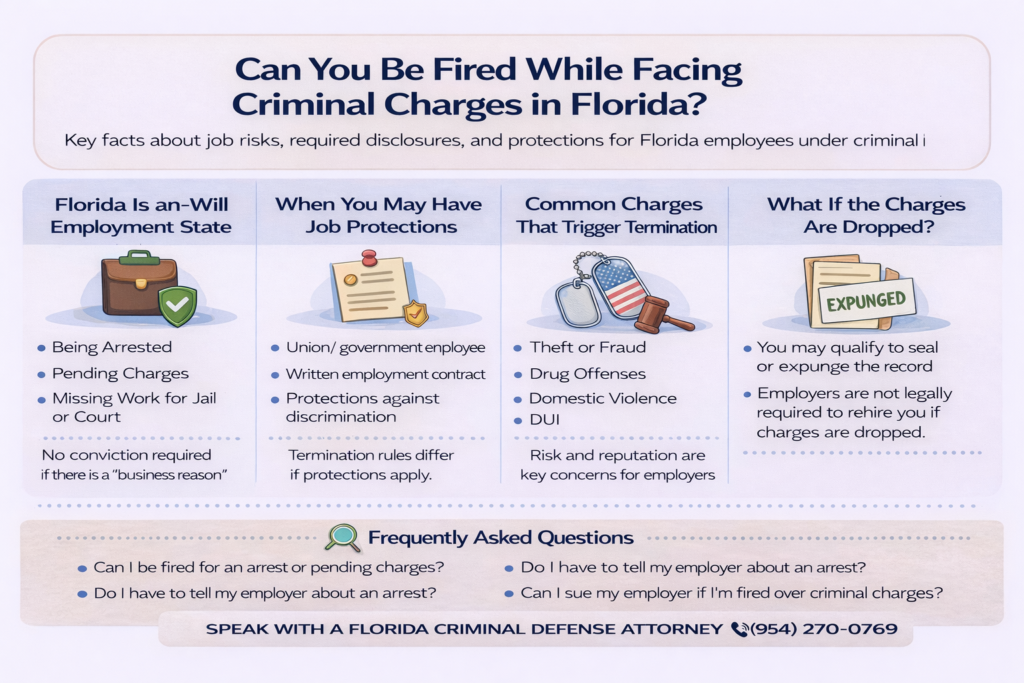 Horizontal infographic titled “Can You Be Fired While Criminal Charges Are Pending in Florida?” explaining Florida at-will employment rules, job protections, common charges that lead to termination, what happens if charges are dropped, and how a criminal defense lawyer can help protect employment.