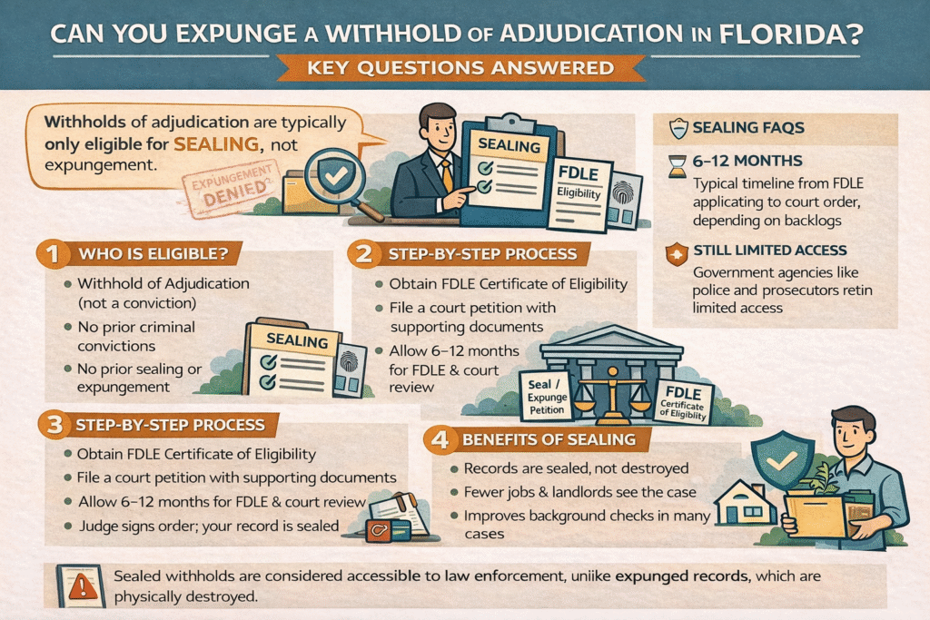 Florida infographic explaining that withholds of adjudication are usually sealable but not expungeable, with steps, timelines, and eligibility highlights.