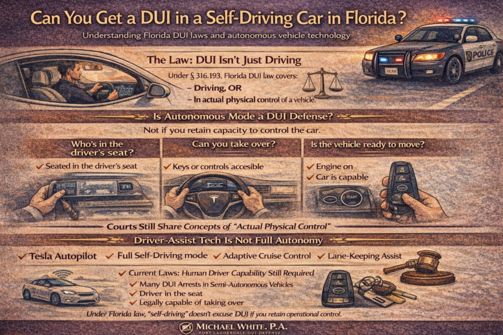 Horizontal infographic illustrating how Florida DUI law applies to self-driving and driver-assist vehicles, outlining actual physical control factors, autonomous mode limitations, and why human drivers remain legally responsible.