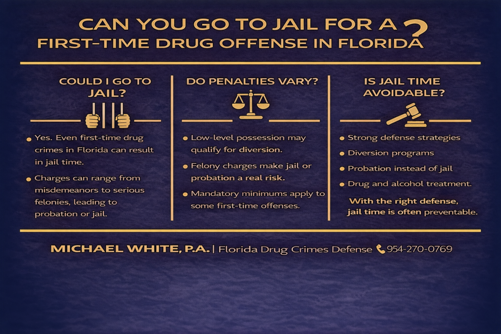 Infographic titled "Can You Go to Jail for a First-Time Drug Offense in Florida?" outlining potential jail time for first-time drug offenses, with sections on jail possibility, varying penalties, and strategies to avoid jail, featuring contact information for Michael White, P.A., a Florida drug crimes defense attorney.