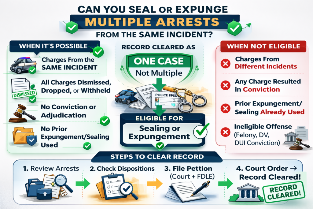 Infographic titled “Can You Seal or Expunge Multiple Arrests From the Same Incident?” explaining that multiple charges from the same incident may be cleared as one record-clearing event if all charges were dismissed or resulted in no adjudication, and outlining ineligibility factors such as convictions, prior expungement or sealing, and charges from separate incidents, with a step-by-step overview of reviewing arrests, checking dispositions, filing a petition, and obtaining a court order.